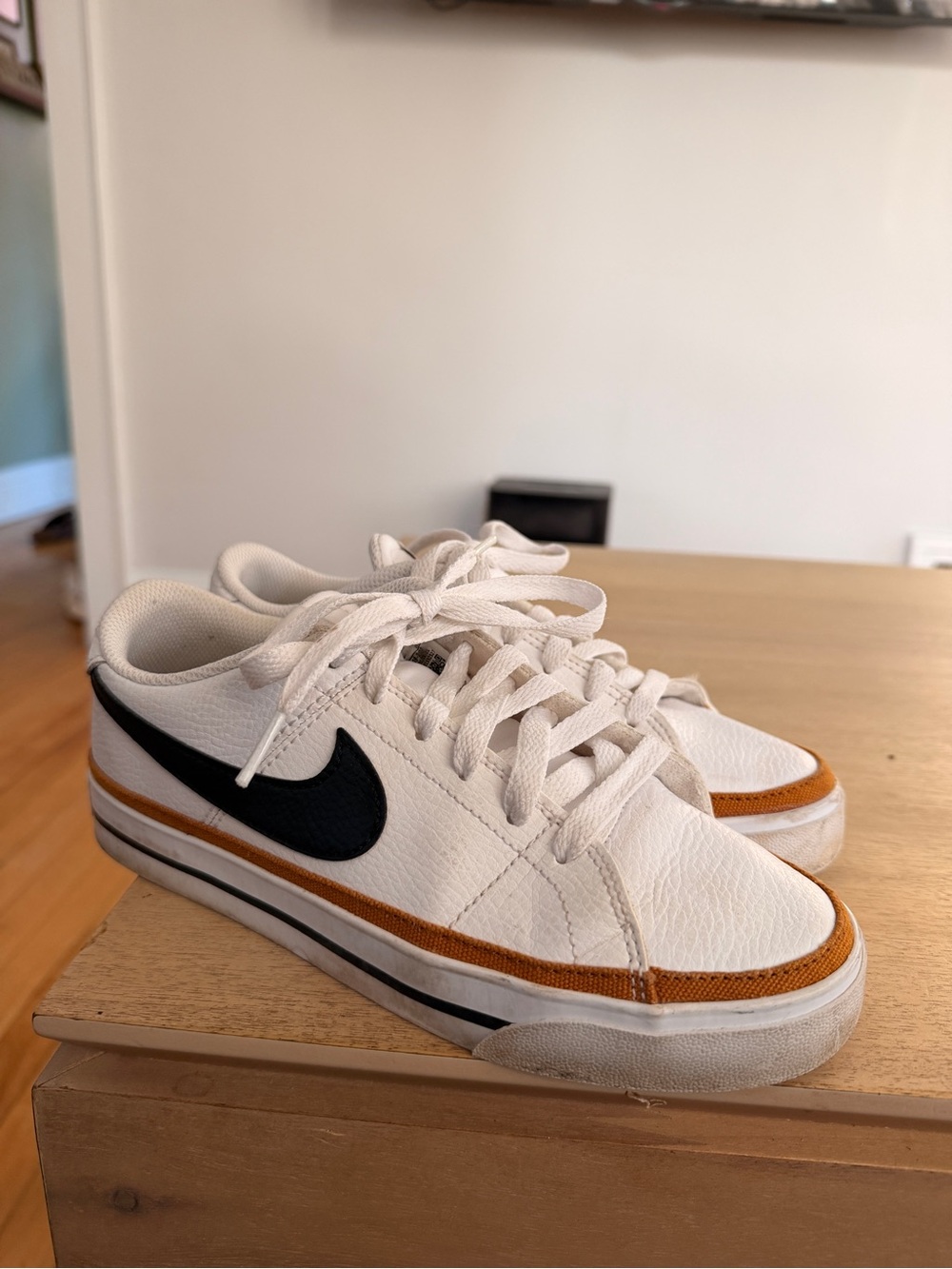 Nike White Low-Top Sneakers with Black Swoosh and Brown Accent